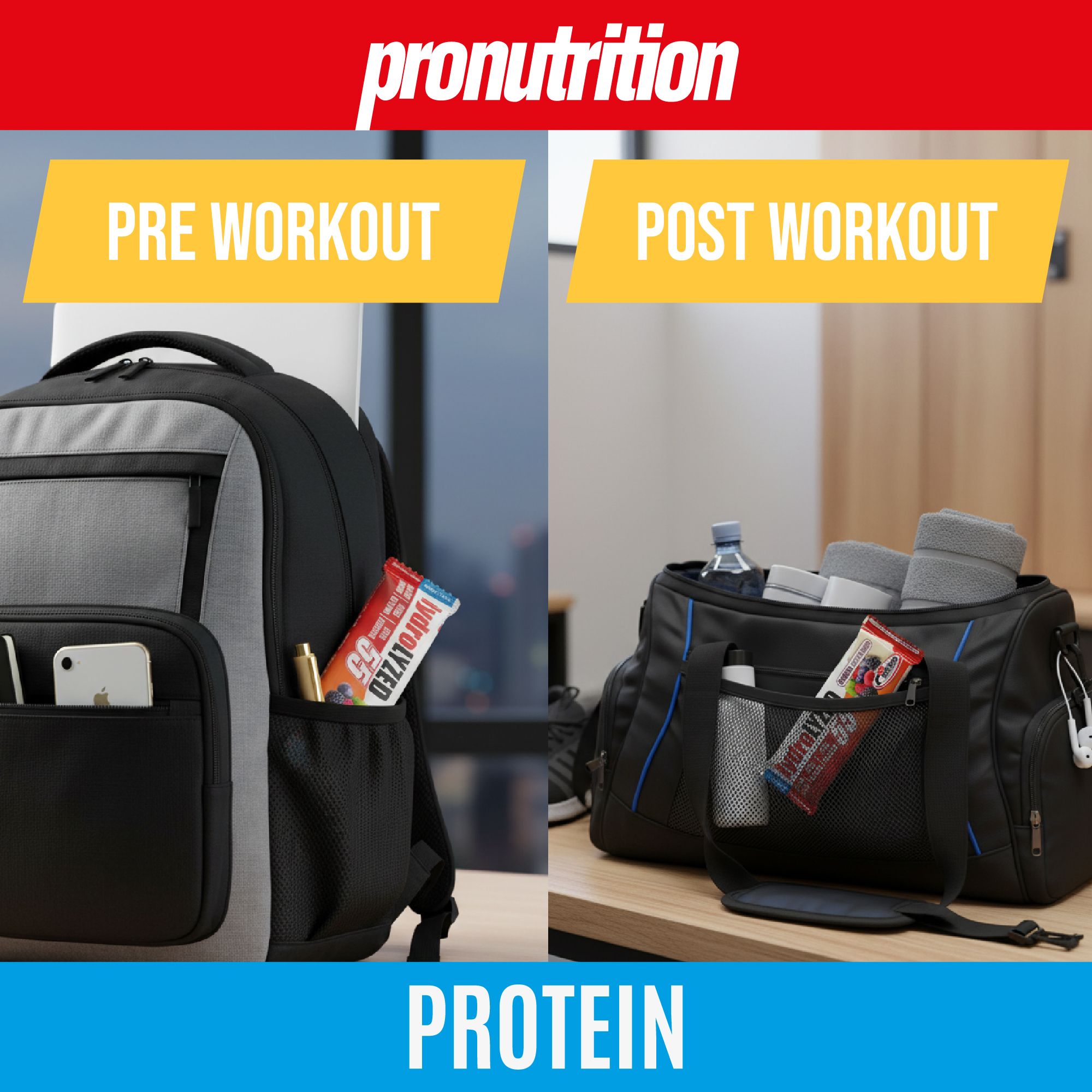 Barretta proteica in zaino e borsa sportiva. Scritta: HydroLYZED, pronutrition. Pre Workout e Post Workout. Zero zuccheri, senza glutine e latt.