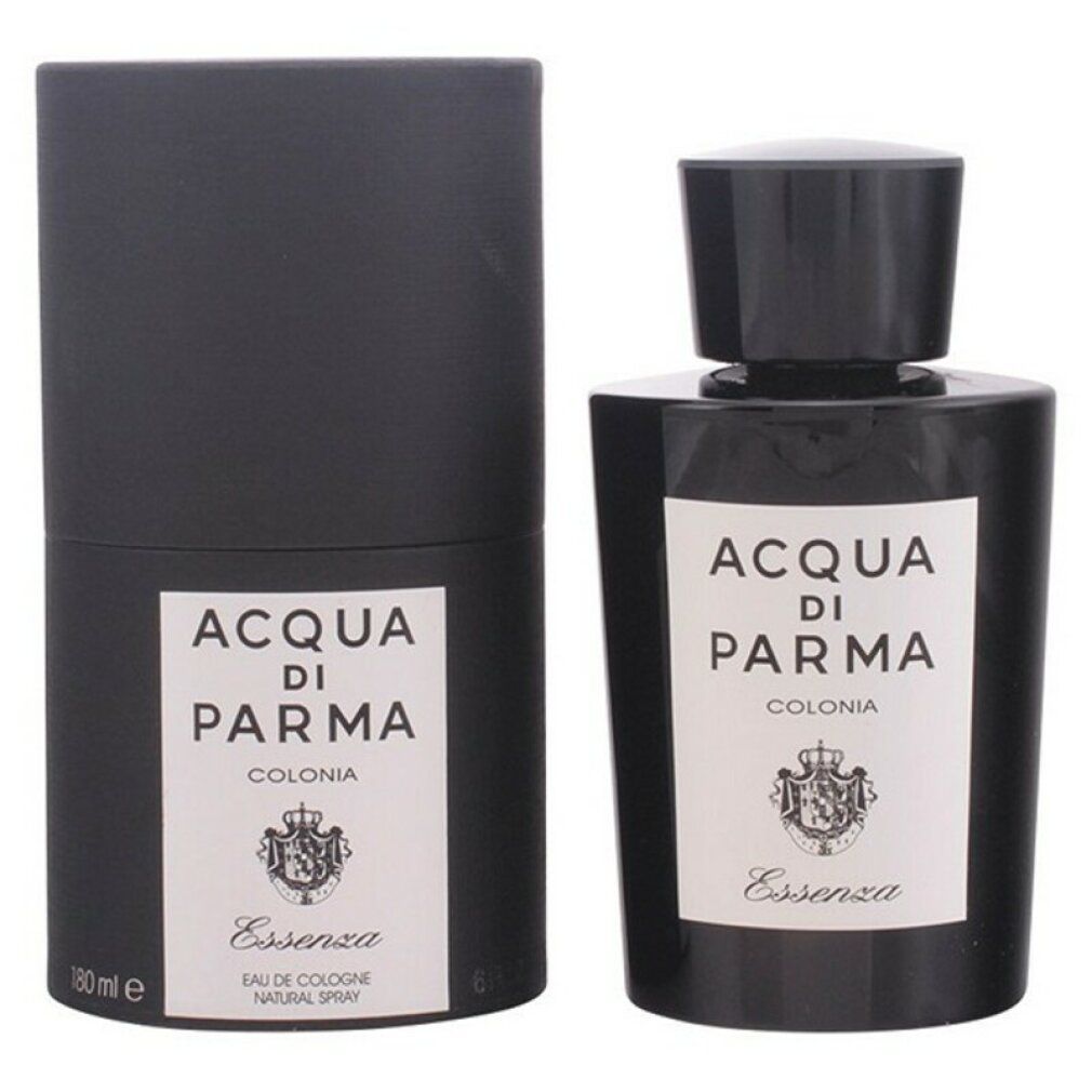 Flacone e confezione neri. Etichetta bianca con testo: Acqua di Parma Colonia Essenza. 180 ml.