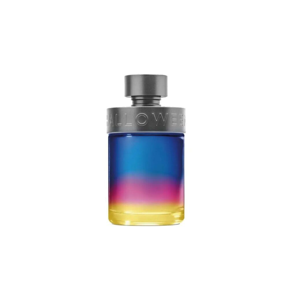 Flacone con sfumatura di colore blu, rosa e giallo. Tappo grigio. Scritta: HALLOWEEN.