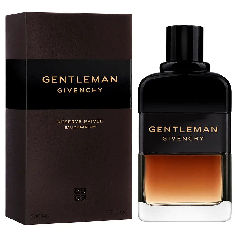Flacone Givenchy Gentleman accanto alla confezione. Flacone nero, rettangolare, liquido marrone. Confezione con scritta: Gentleman Reserve Privée.