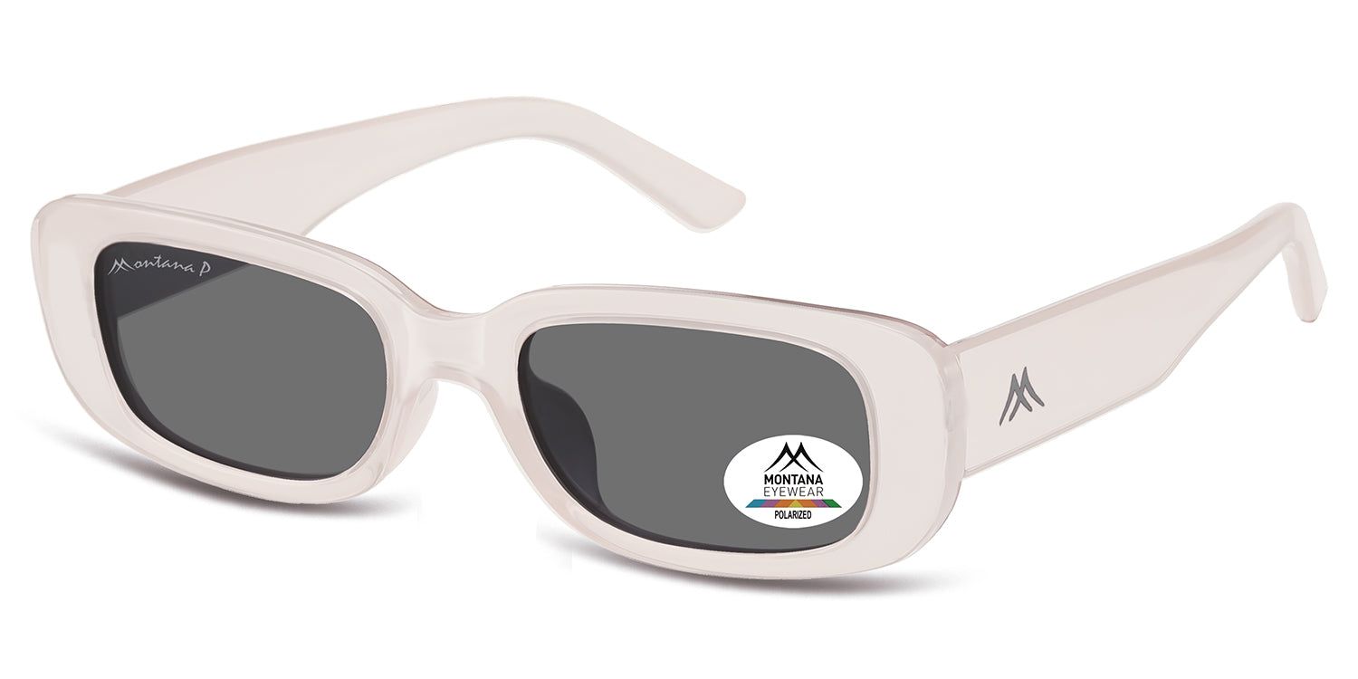 Occhiali da sole con montatura bianca e lenti grigie. Adesivo sulla lente con logo e 'Polarized'.