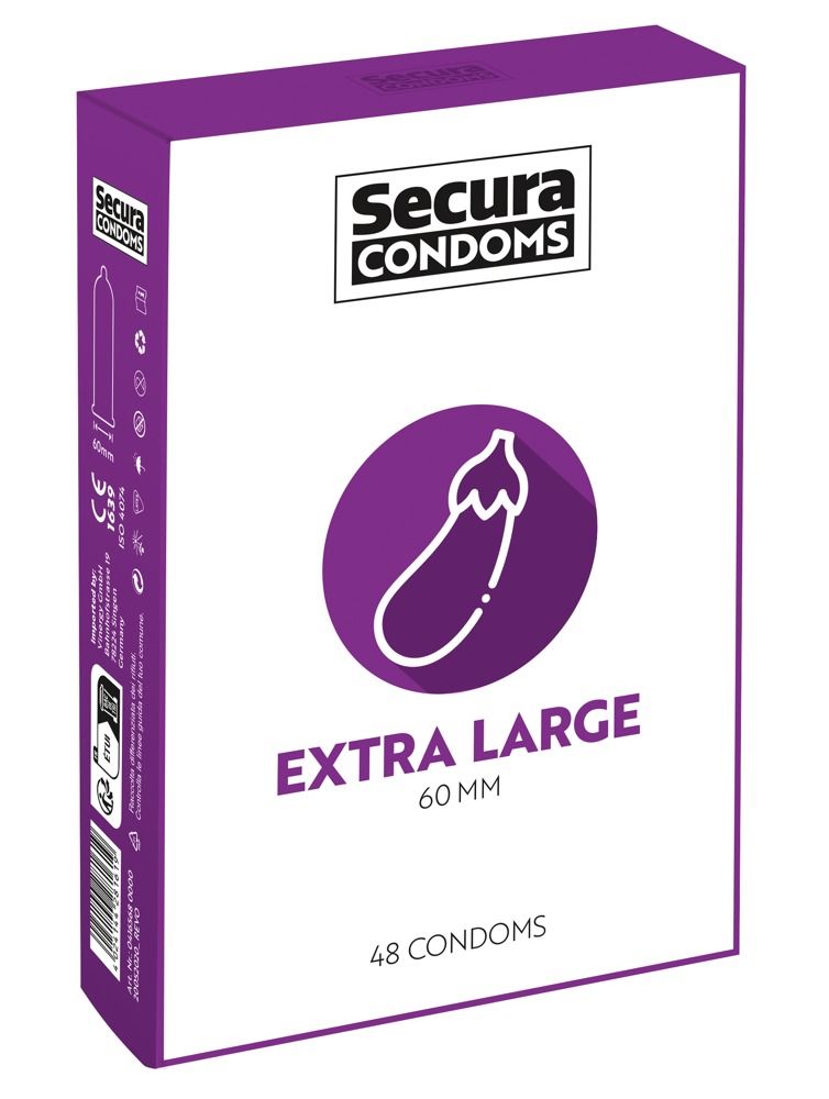 Confezione di preservativi Secura, Extra Large, 48 pezzi, con simbolo melanzana e marchio CE.