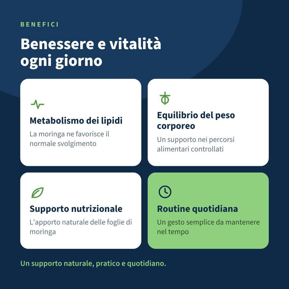 Benefici del Moringa: supporto al metabolismo lipidico, all'equilibrio del peso corporeo, nutrizionale e alla routine quotidiana.