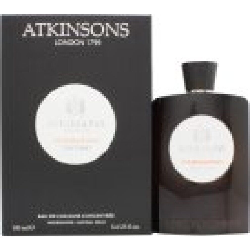 Flacone e confezione neri. Etichetta bianca con testo. Marchio: Atkinsons London 1799. Eau de Cologne.