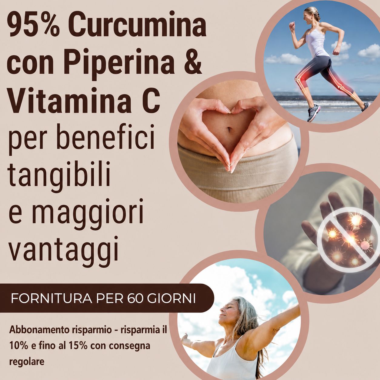 Illustrazione con simboli e testo: Alta biodisponibilità, ingredienti di alta qualità, ben tollerato, senza OGM, senza lattosio.