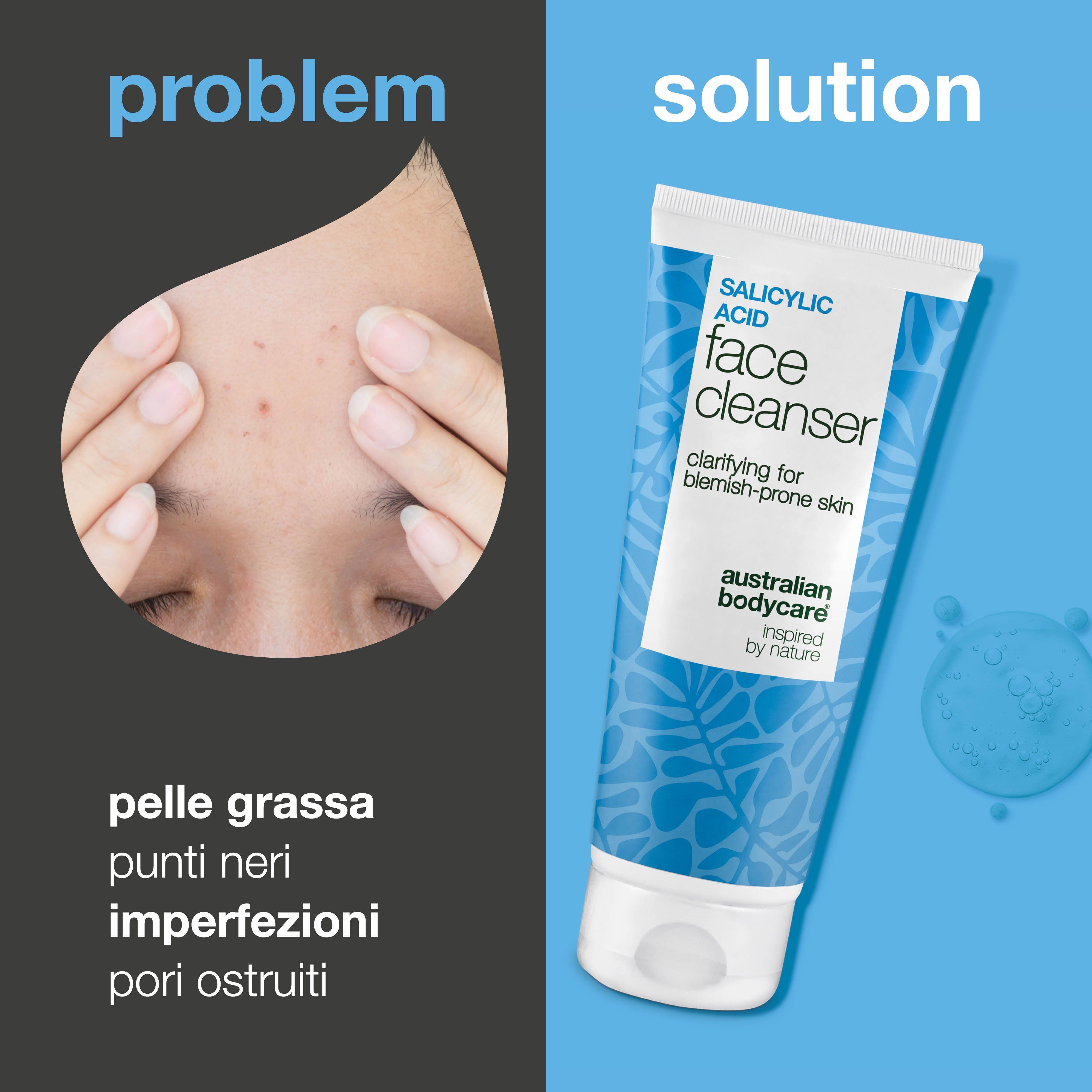 Viso con imperfezioni. Accanto, tubo "Salicylic Acid Face Cleanser". Testo: Problema/Soluzione.