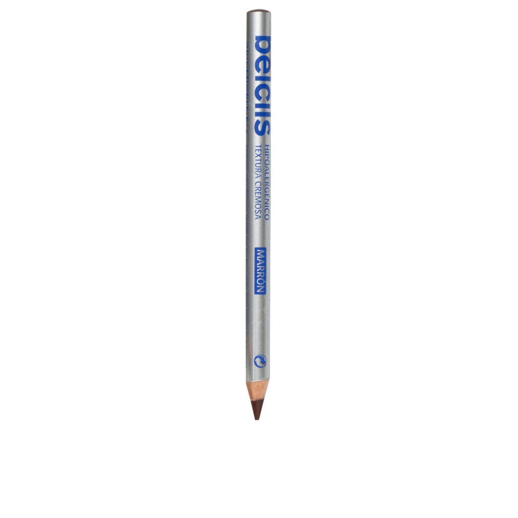Una singola matita per occhi Belcils, marrone. Matita argentata con testo blu. Punta rivolta verso il basso.