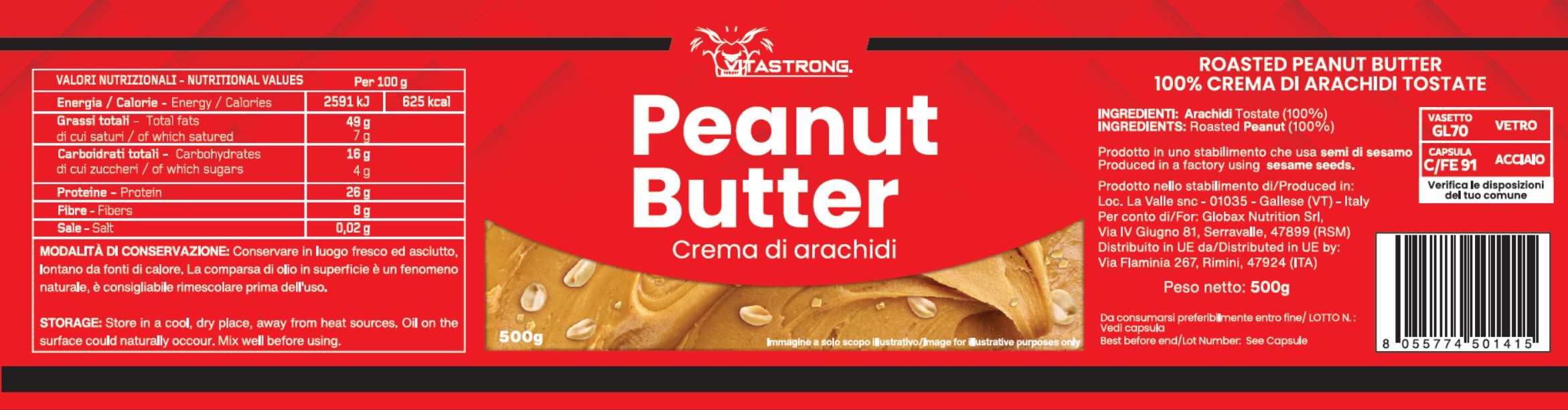 Etichetta rossa con testo bianco: Peanut Butter, Creme di arachidi. Testo: Roasted Peanut Butter, 100% crema di arachidi tostate. Codice a barre.