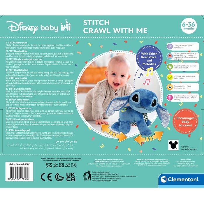 Retro della confezione con bambino e peluche Stitch. Testo: Stitch Crawl With Me. Loghi: Disney Baby, Clementoni. Certificazioni: CE, UKCA.