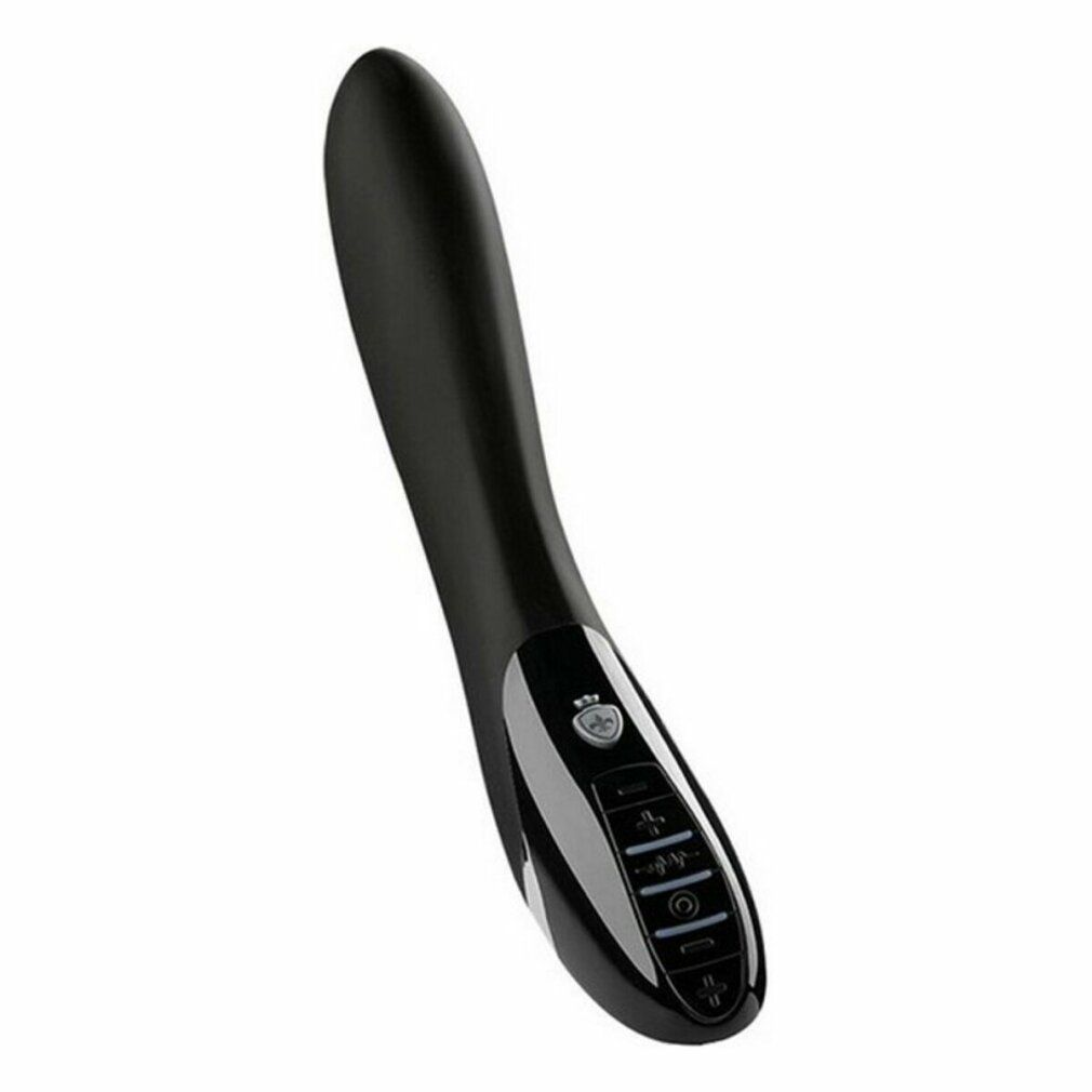Prodotto benessere nero. Forma ergonomica. Pannello comandi con pulsanti. Superficie lucida. Marchio non visibile.