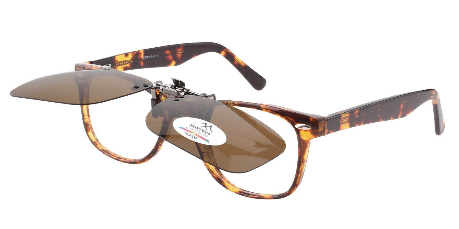 Occhiali da sole Montana Eyewear Tofino clip-on. Aperte, lenti marroni, montatura marrone. Logo.