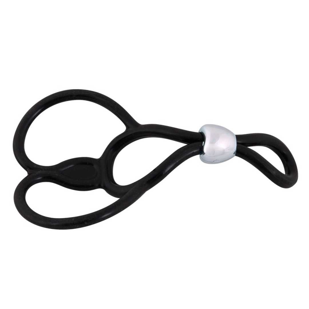 Anello fallico nero con anello scrotale. Elemento di collegamento argentato. Elementi ad anello.