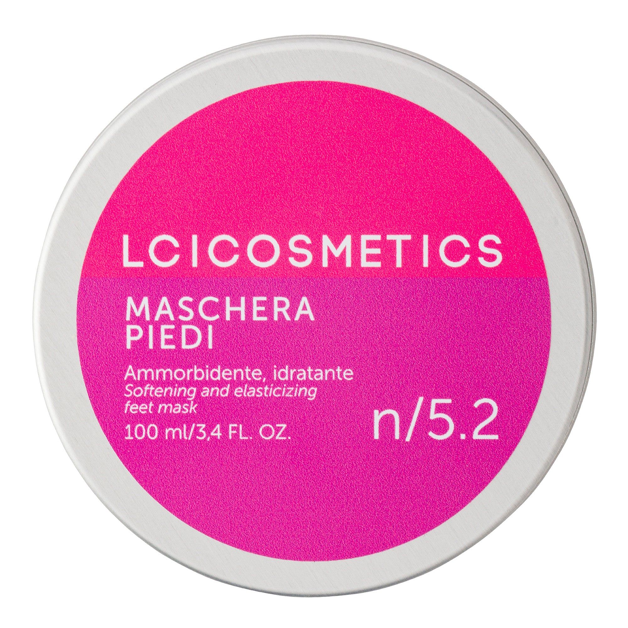 Barattolo rotondo con coperchio rosa. Scritta: LCI Cosmetics, Maschera Piedi. Testo in italiano.
