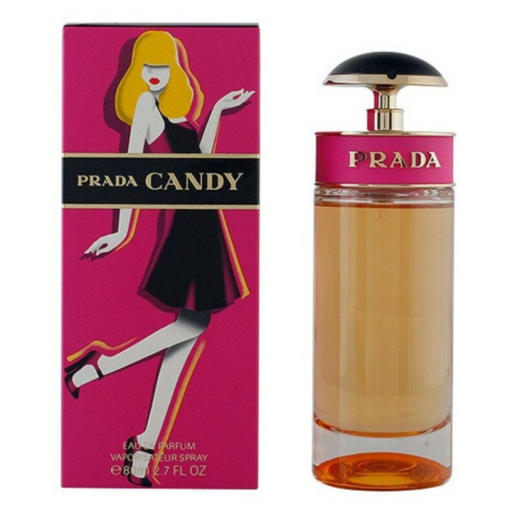 Scatola e flacone rosa. Sulla scatola: Prada Candy, donna in nero. Flacone: fascia rosa, tappo nero.