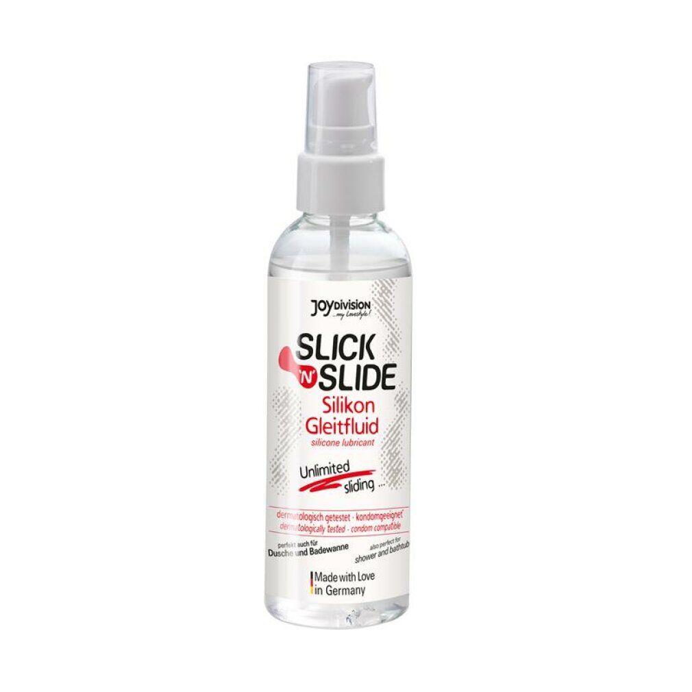 Flacone trasparente con vaporizzatore. Scritta: Slick'N'Slide Silikon Gleitfluid. Dermatologicamente testato. Per doccia e vasca.