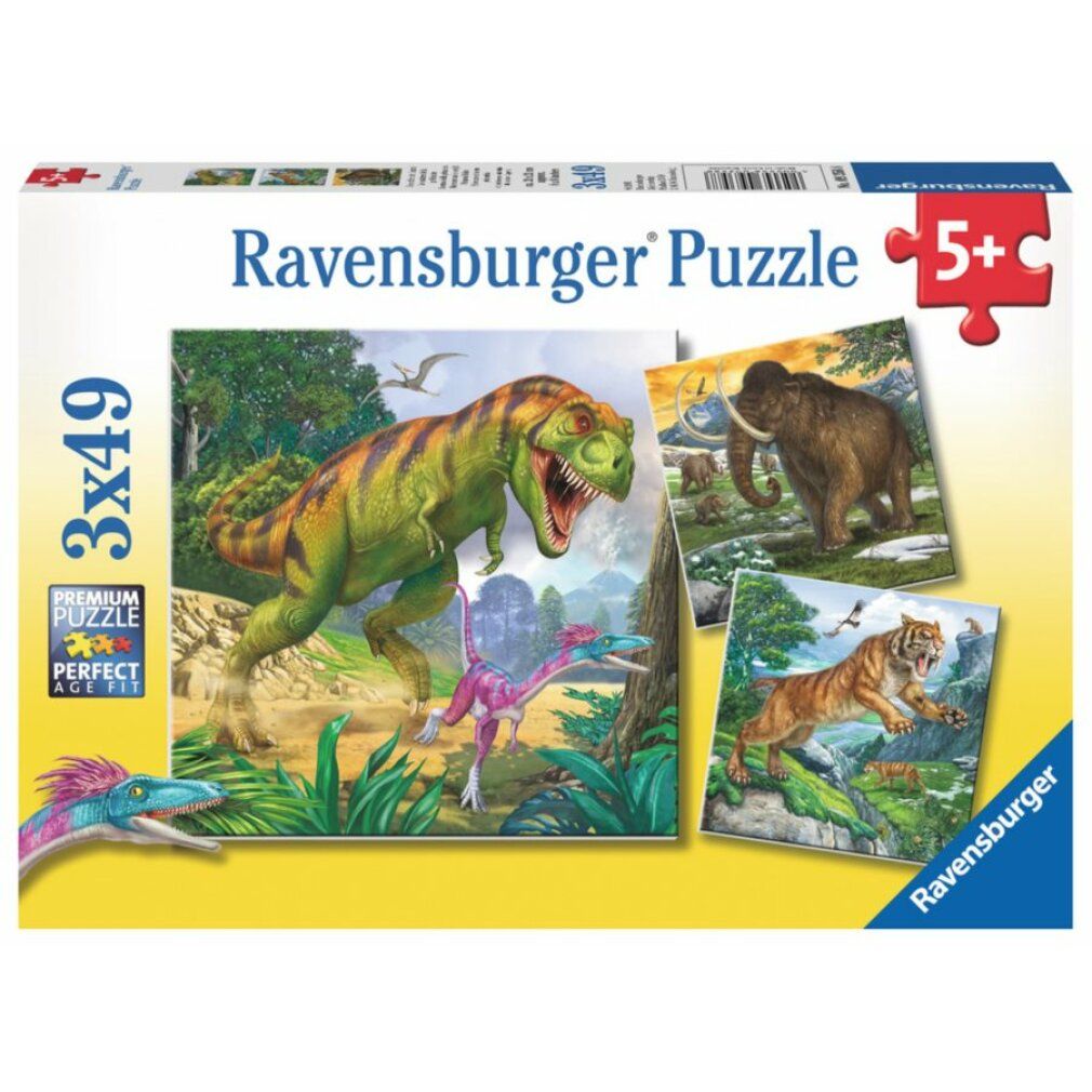 Scatola puzzle con 3 puzzle da 49 pezzi. Motivi di dinosauri. Logo Ravensburger e raccomandazione di età 5+.