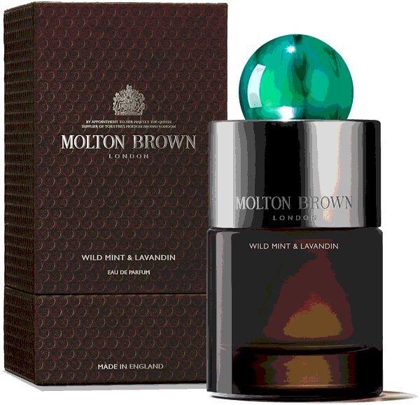 Scatola e flacone marrone scuro. Flacone con tappo argentato e chiusura verde. Scritta: Molton Brown, Wild Mint & Lavandin.