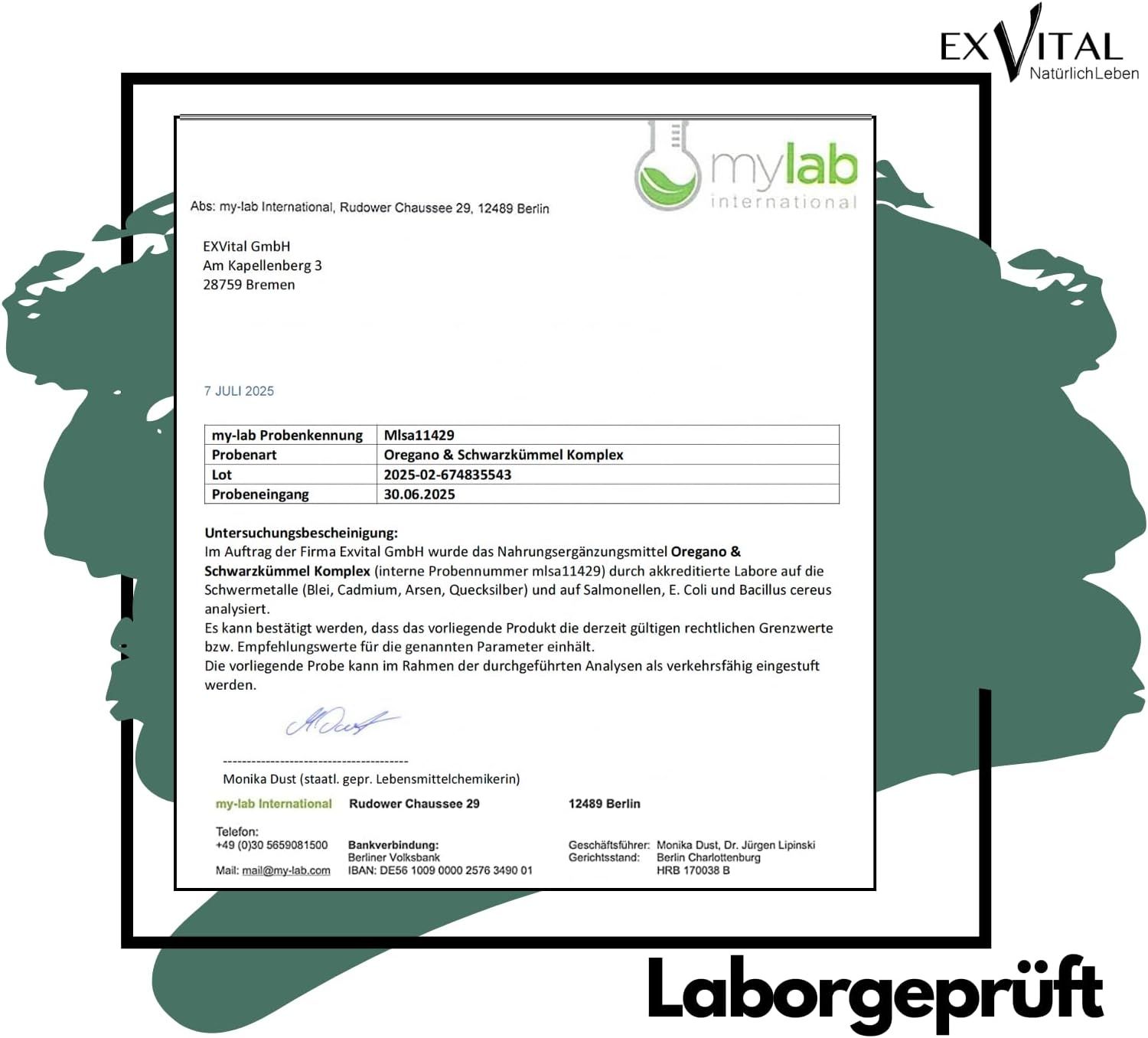 Rapporto di laboratorio. Testo: mylab International, analisi del complesso Origano & Cumino nero. Testato per metalli pesanti, E. coli.