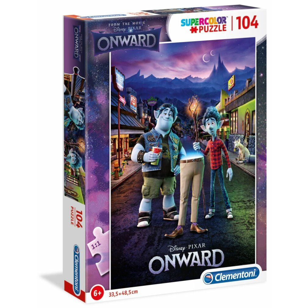 Scatola puzzle Onward. 104 pezzi. Marchio Clementoni. Due personaggi davanti a uno sfondo urbano.