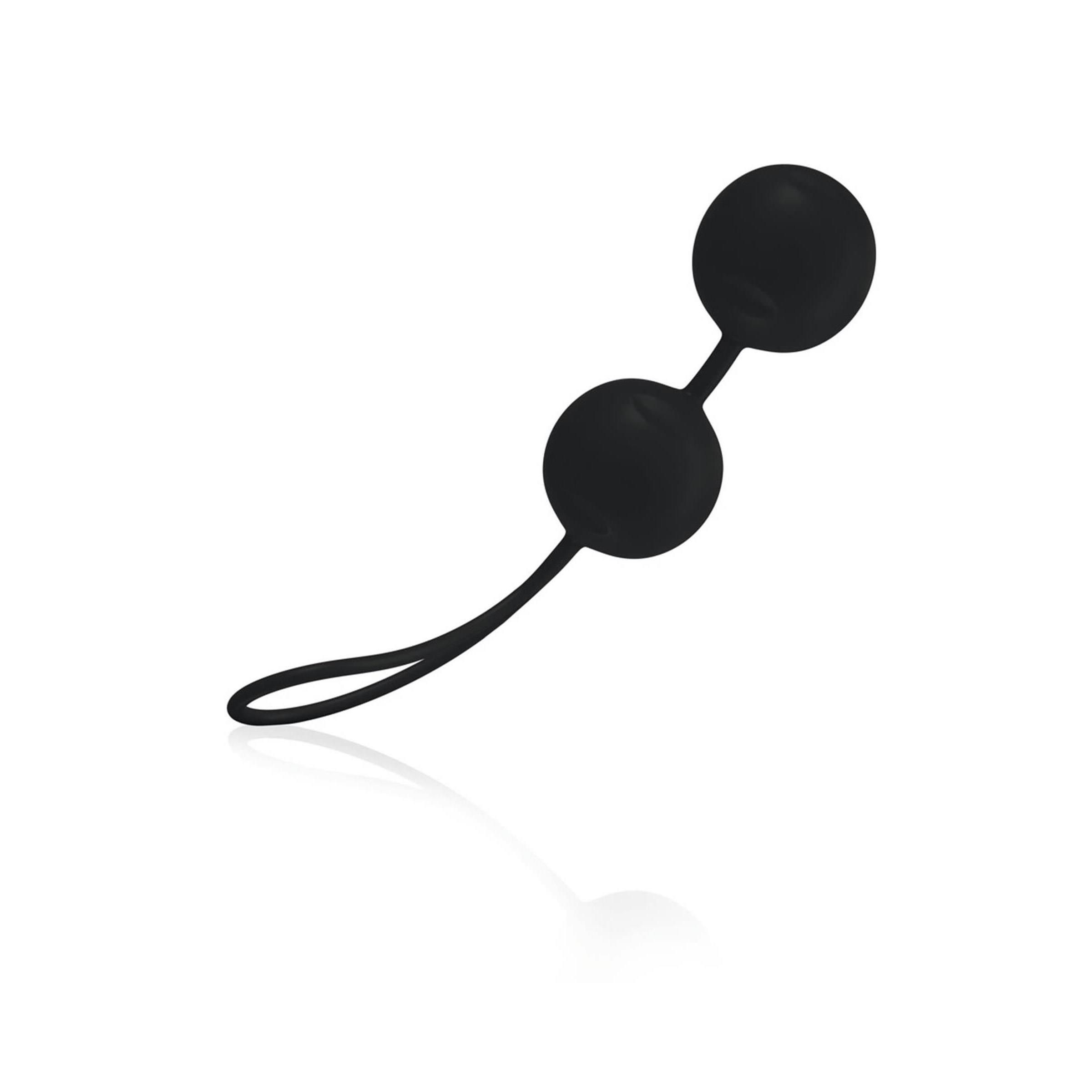 Joyballs® Trend neri, due sfere con connettore e anello. Vista dall'alto, su sfondo chiaro.