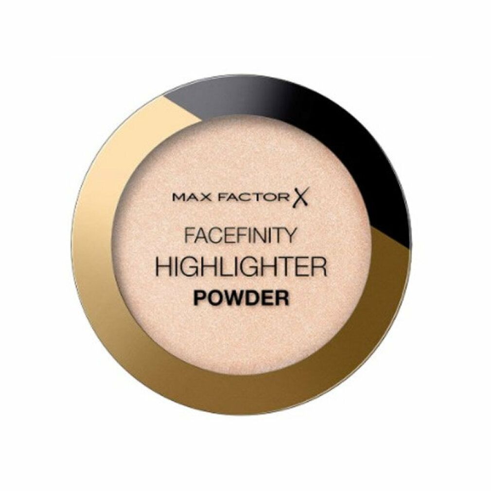 Contenitore rotondo di polvere illuminante. Bordo dorato, coperchio nero e oro. Testo: Max Factor Facefinity Highlighter Powder.