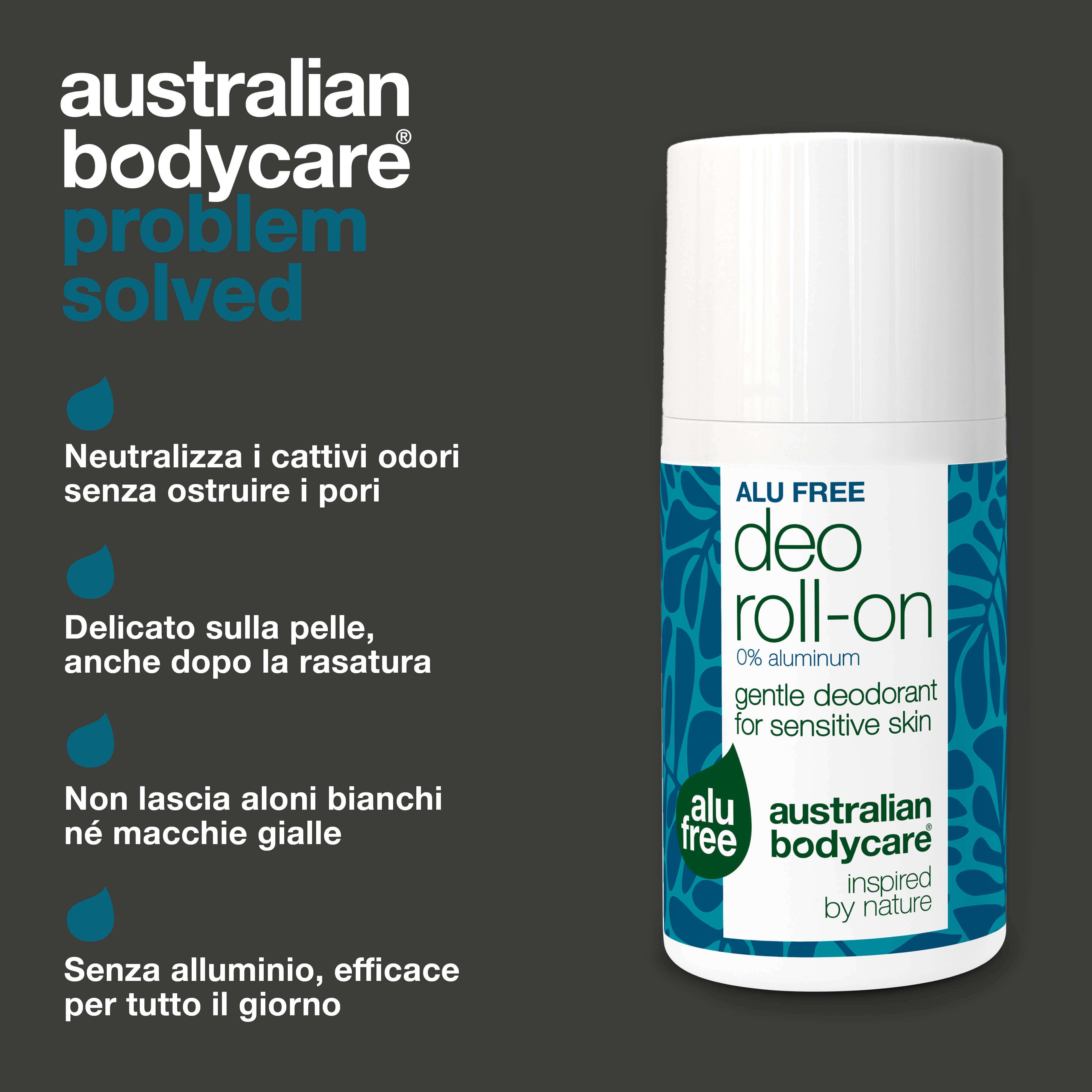Roll-on con testo: Neutralizza odori, delicato sulla pelle, senza aloni, senza alluminio. Marchio: Australian Bodycare.