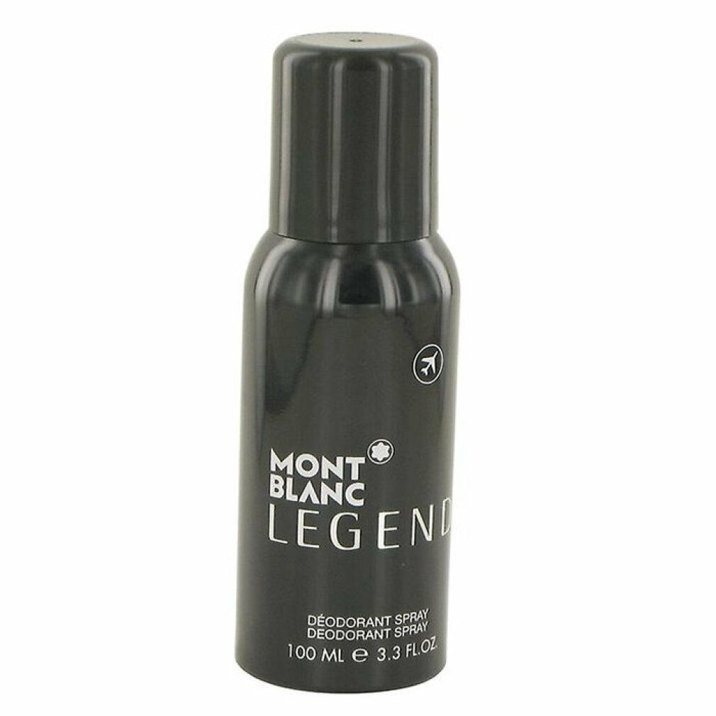 Flacone spray deodorante nero. Scritta: MONTBLANC LEGEND. Con logo e testo: DÉODORANT SPRAY, 100 ml.