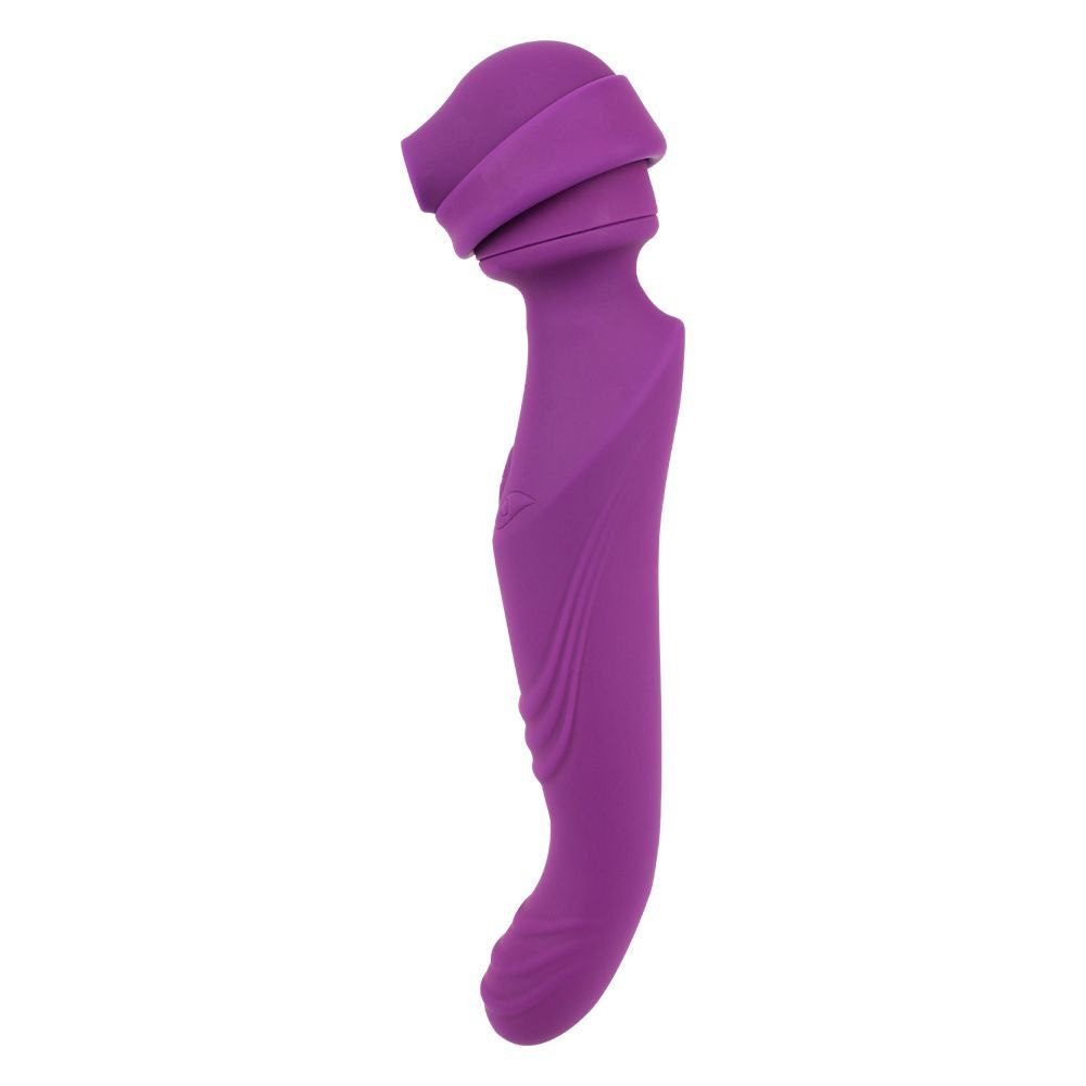 Massaggiatore viola con testa ondulata e manico. La forma è ergonomica.