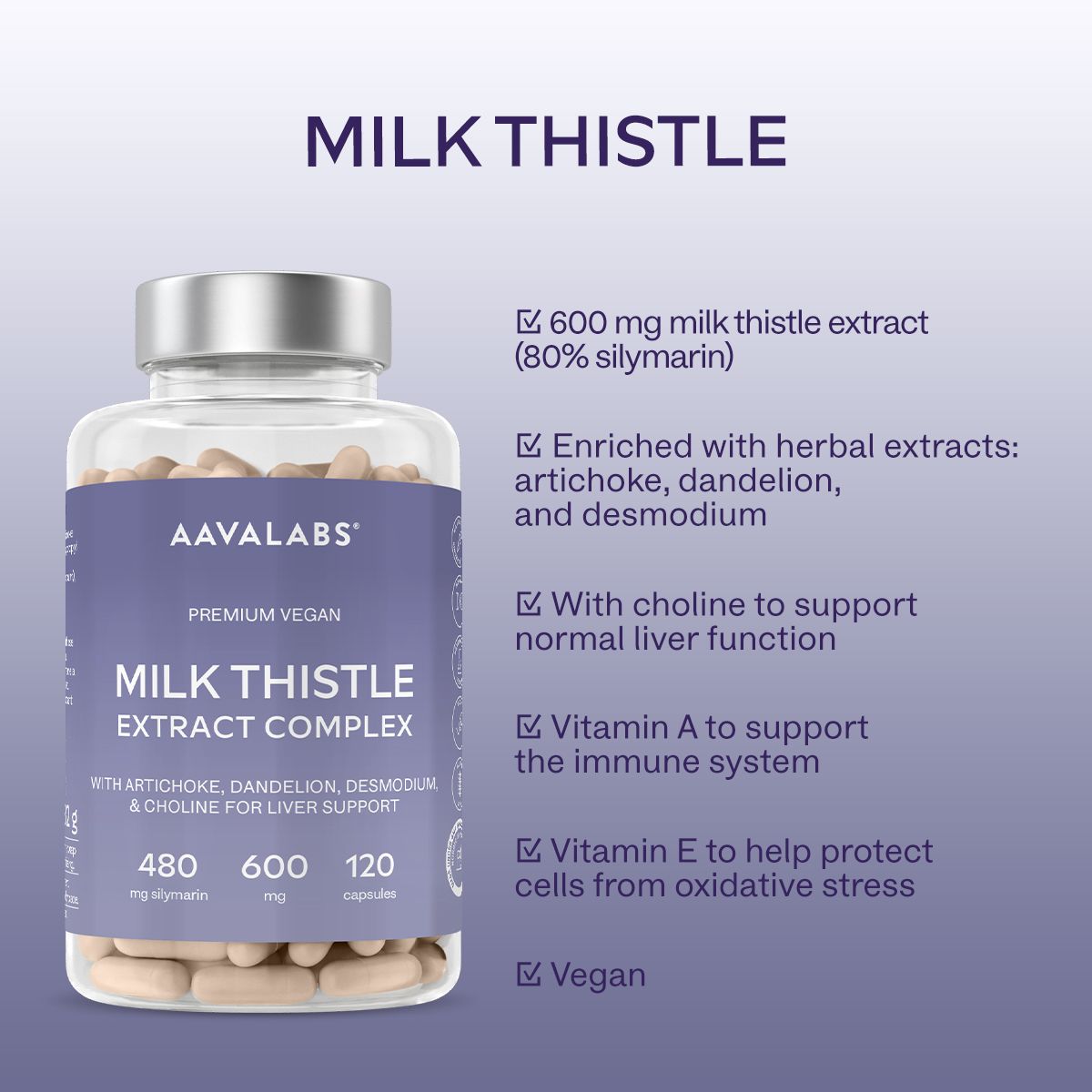 Flacone di capsule con informazioni sul prodotto. AAVALABS Mariendistel mit Artischocke, Löwenzahn & Cholin. 120 capsule.