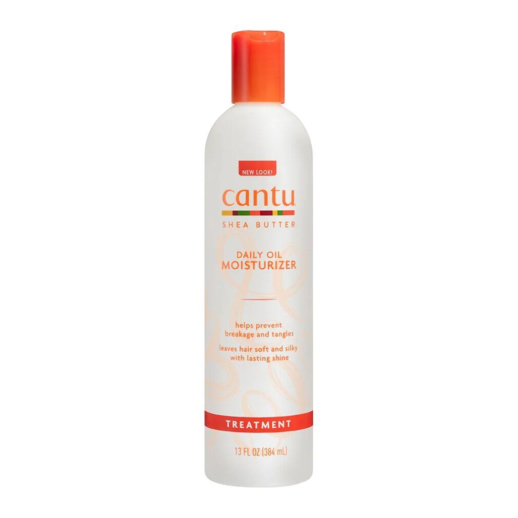 Flacone bianco Cantu Shea Butter Daily Oil Moisturizer con tappo arancione. 13 FL OZ / 384 ml.