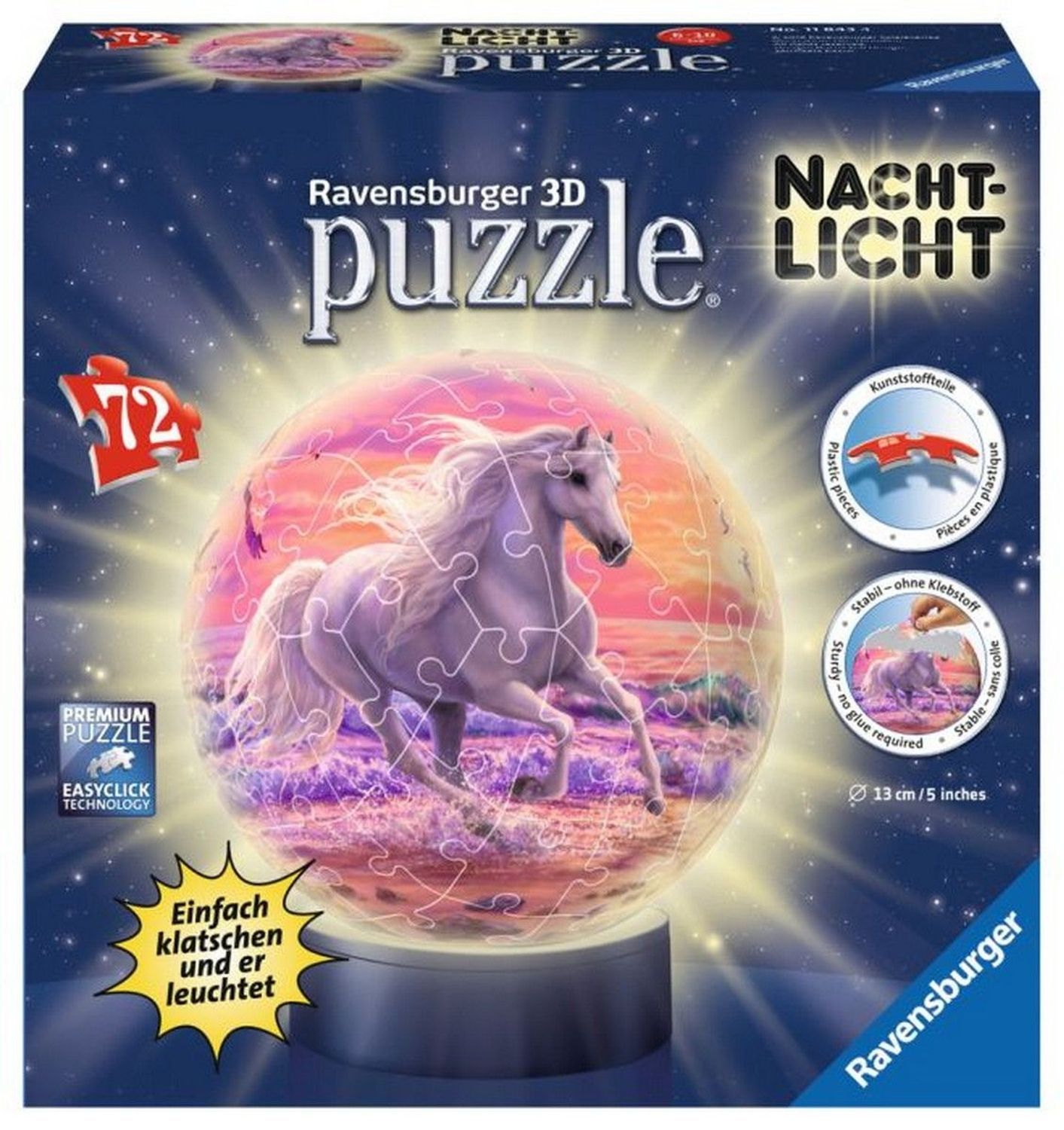 Puzzle 3D a forma di sfera con cavallo. 72 pezzi, funzione luce notturna. Confezione con logo e nome del prodotto.