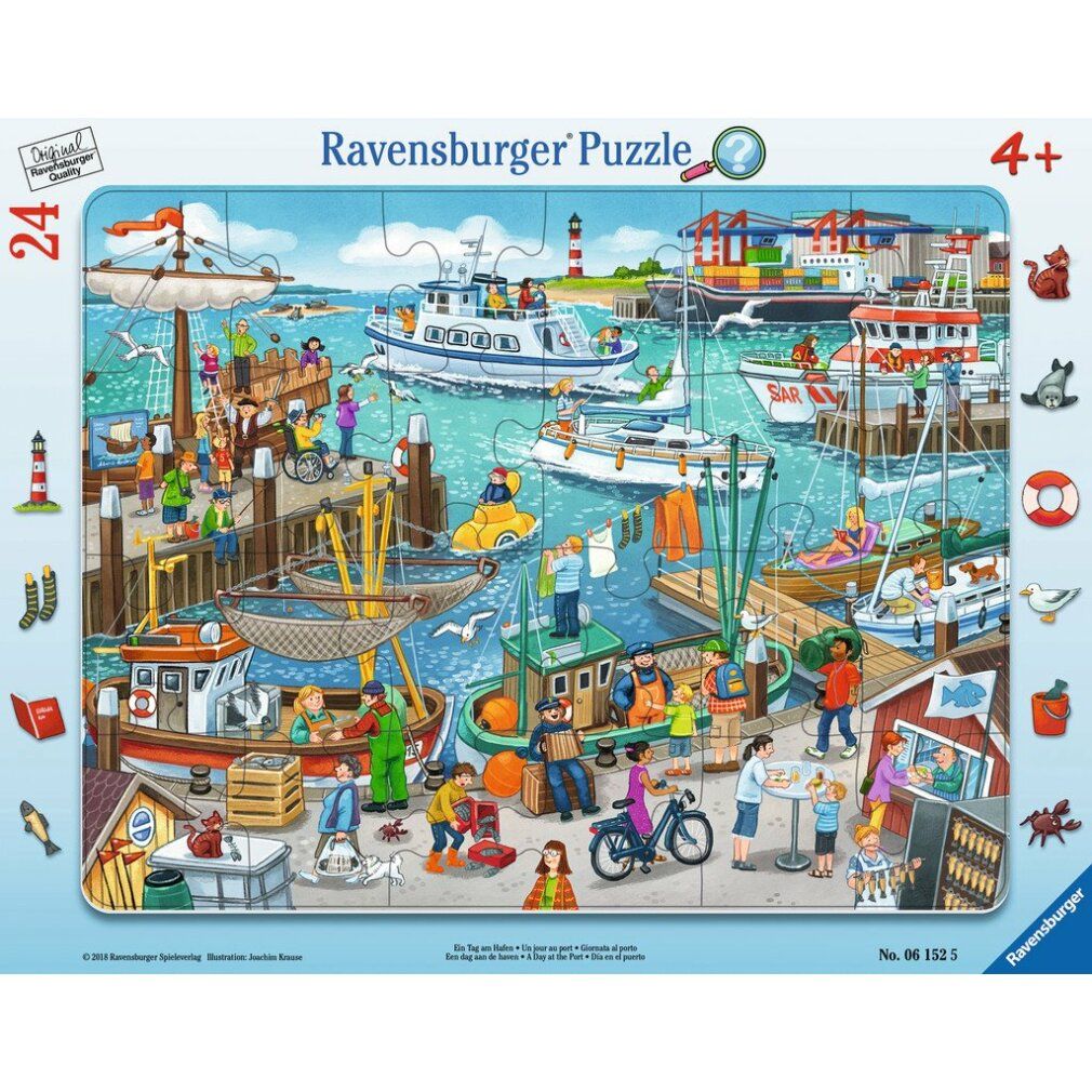 Puzzle Ravensburger. Scena portuale con barche, persone ed edifici. 24 pezzi, consigliato dai 4 anni in su. Confezione con logo e marchio di qualità.