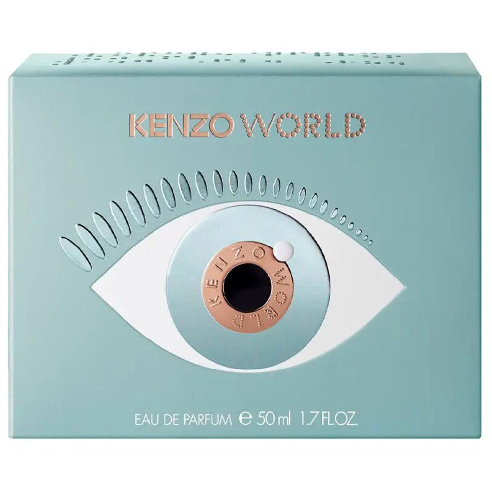 Scatola azzurra con logo KENZO WORLD e design occhio. Scritta: Eau de Parfum, 50 ml, 1.7 FL.OZ.