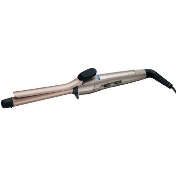 Arricciacapelli Remington. Corpo beige dorato, impugnatura e punta neri. Cavo nero. Logo Remington.