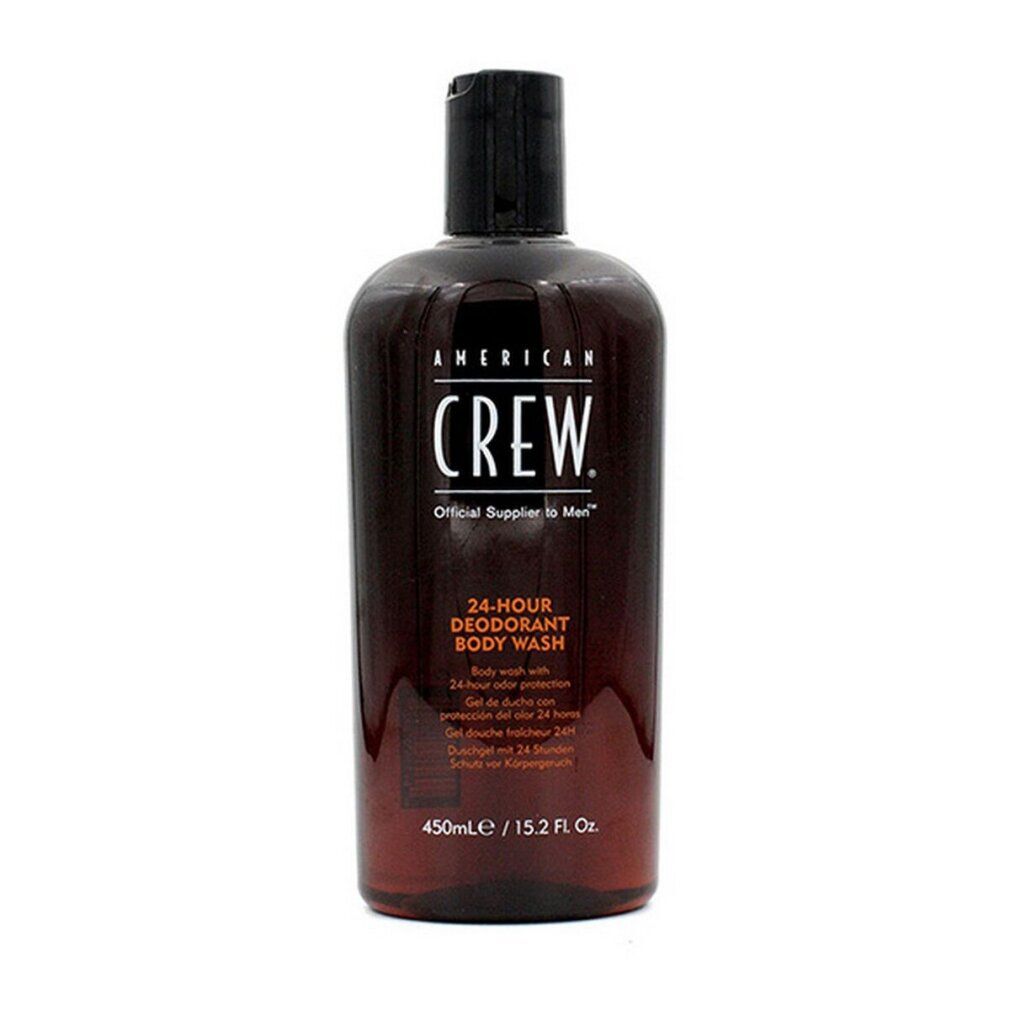 Flacone marrone con tappo nero. Scritta: AMERICAN CREW, 24-HOUR DEODORANT BODY WASH. Immagine del prodotto.