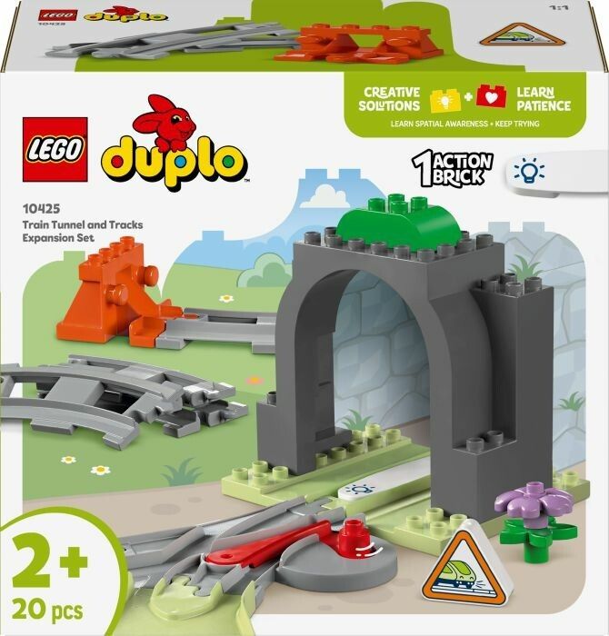 Set di espansione LEGO Duplo con tunnel, binari e accessori. Contiene 20 pezzi. Confezione con immagine del prodotto.
