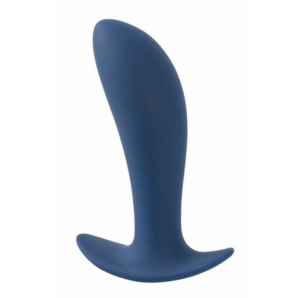 Plug anale blu in silicone. Forma curva, base ampia.
