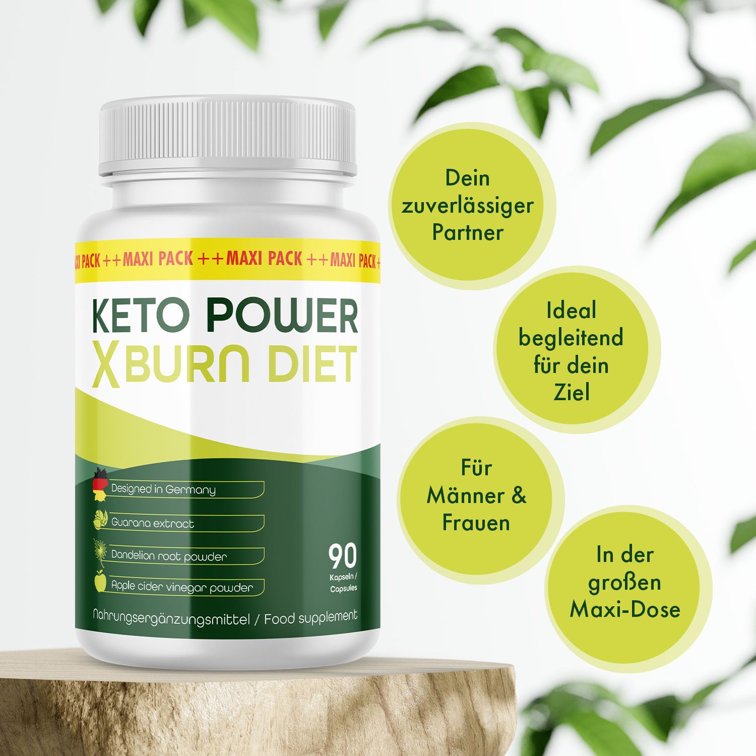 Flacone bianco di capsule. Scritta: Keto Power X Burn Diet. 90 capsule. Su zoccolo di legno. Testo: Il tuo partner affidabile, ideale per il tuo obiettivo.