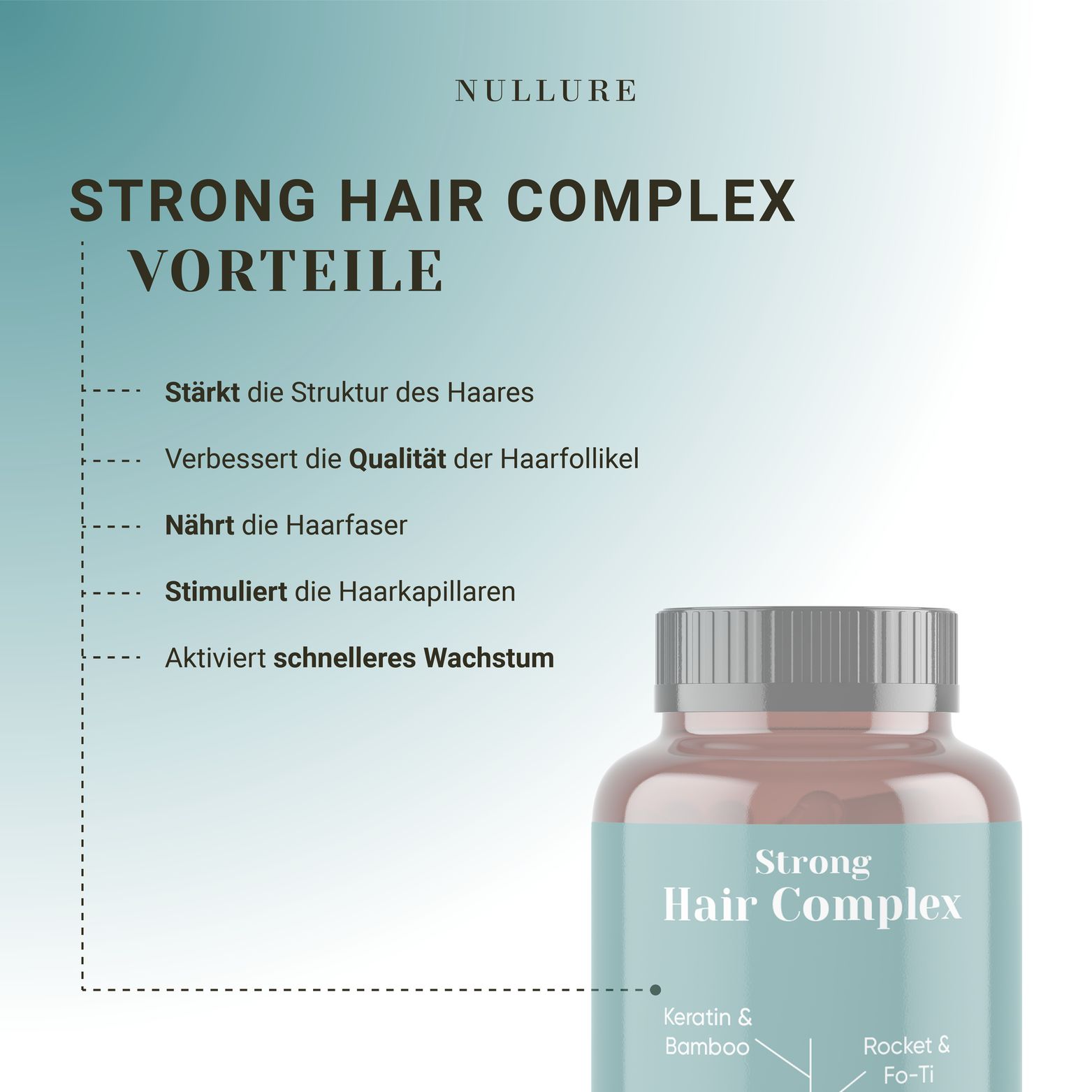 Flacone marrone con capsule. Scritta: Strong Hair Complex. Contiene cheratina, bambù, biotina, zinco, Rocket & Fo-Ti, vitamina B2. Benefici per i capelli.