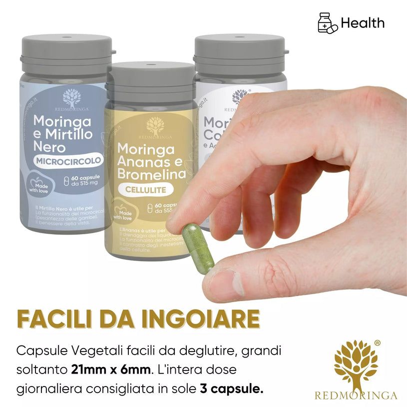 Tre flaconi di capsule. Una mano tiene una capsula verde. Testo: Facili da Ingoiare, RedMoringa.