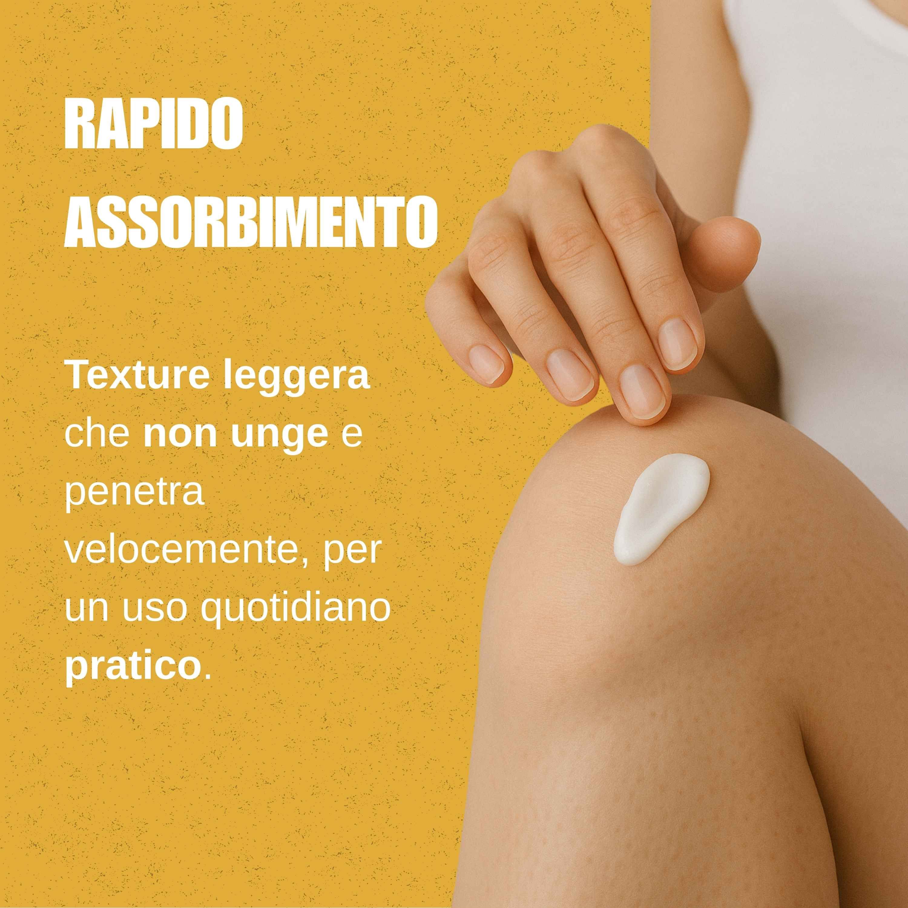 Primo piano di una mano che applica crema sul ginocchio. Sfondo giallo. Testo: Assorbimento rapido.