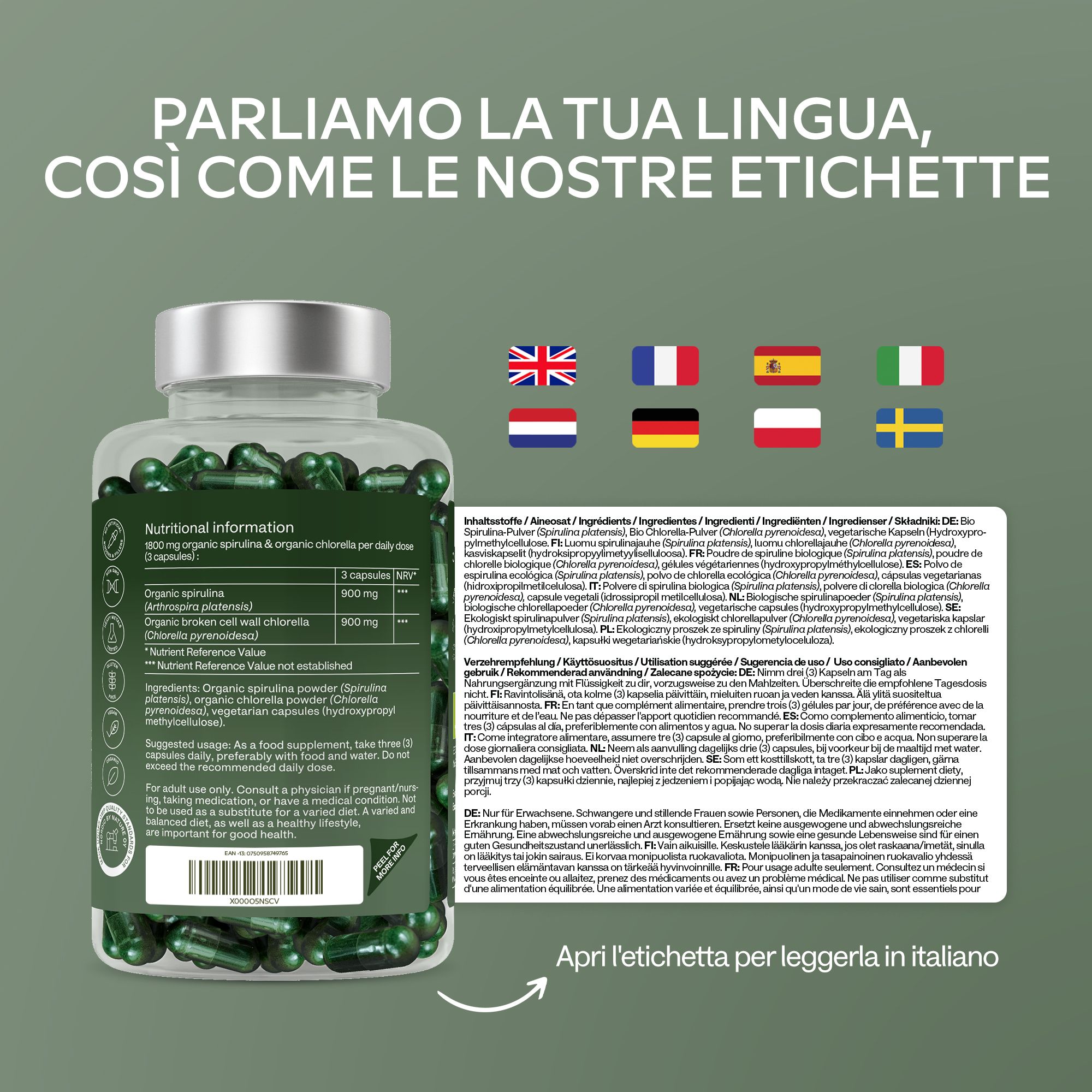 Bottiglia di capsule verdi ed etichette multilingue.