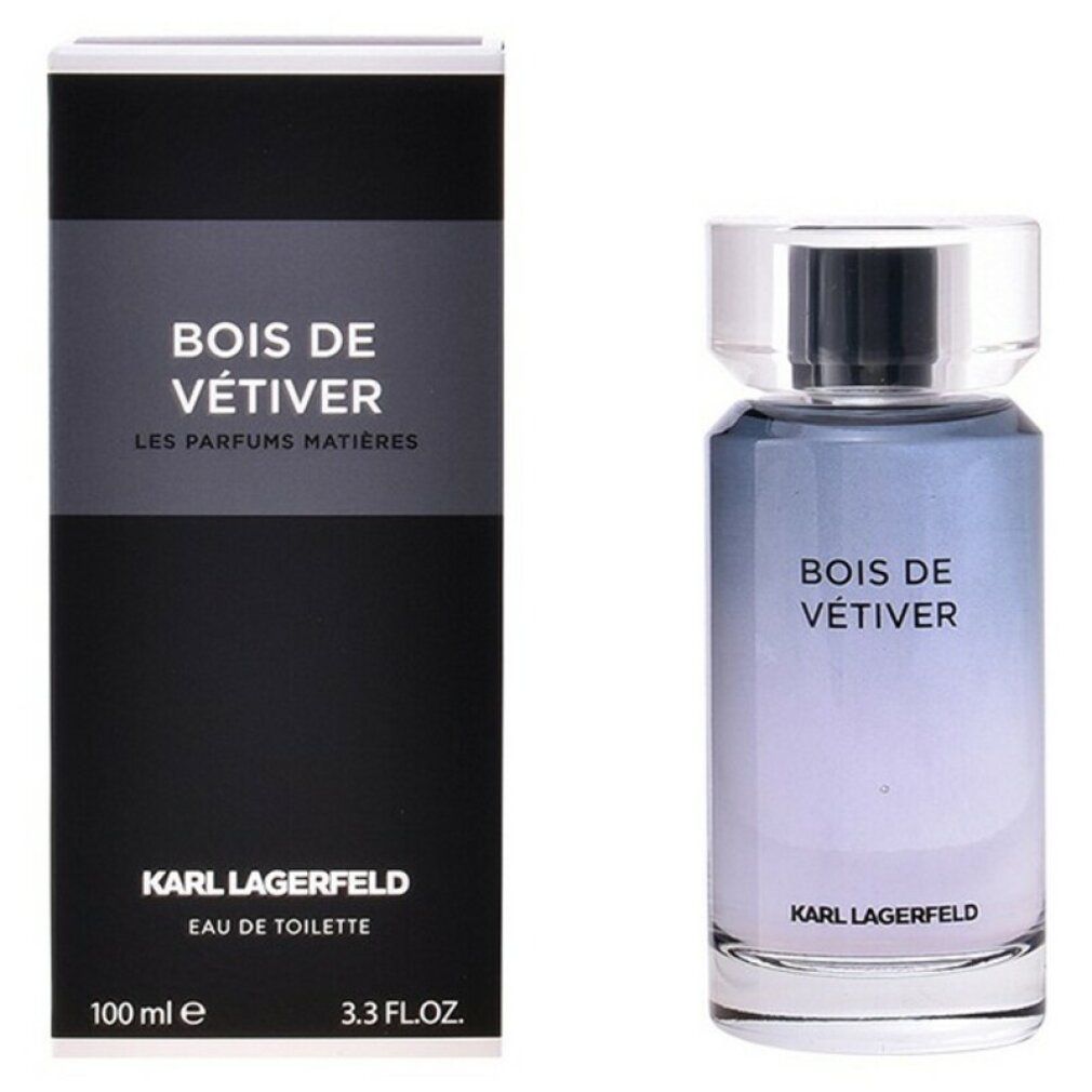 Karl Lagerfeld Bois de Vétiver Eau de Toilette Spray. Flacone e confezione. Confezione nera con nome del prodotto. Flacone in vetro con tappo.