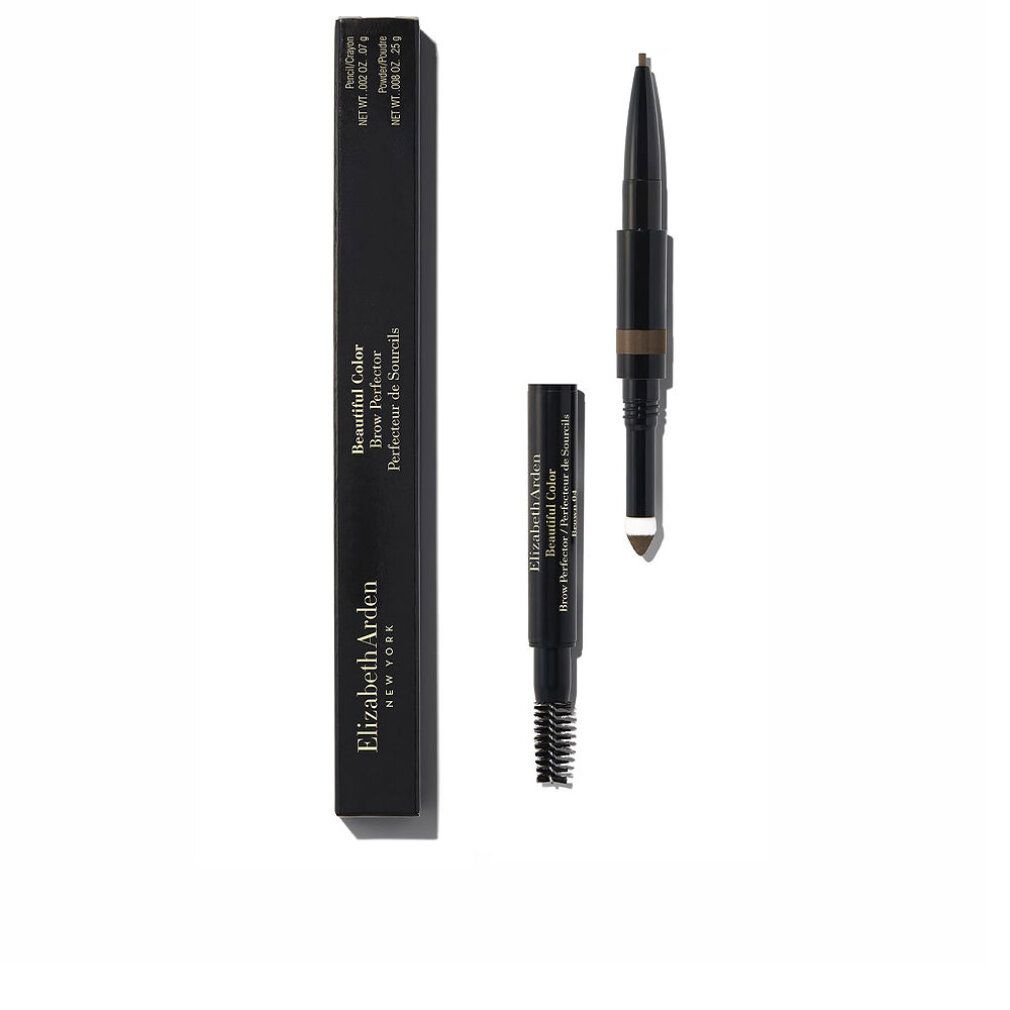 Matita per sopracciglia marrone con spazzola e punta. Confezione nera con nome del prodotto: Elizabeth Arden Beautiful Color 3 In 1 Eyebrow.