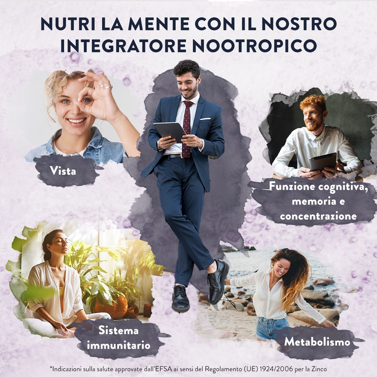 Persone in diverse situazioni. Contiene testo sul sistema immunitario, la memoria e il metabolismo. Marchio: Aavalabs.