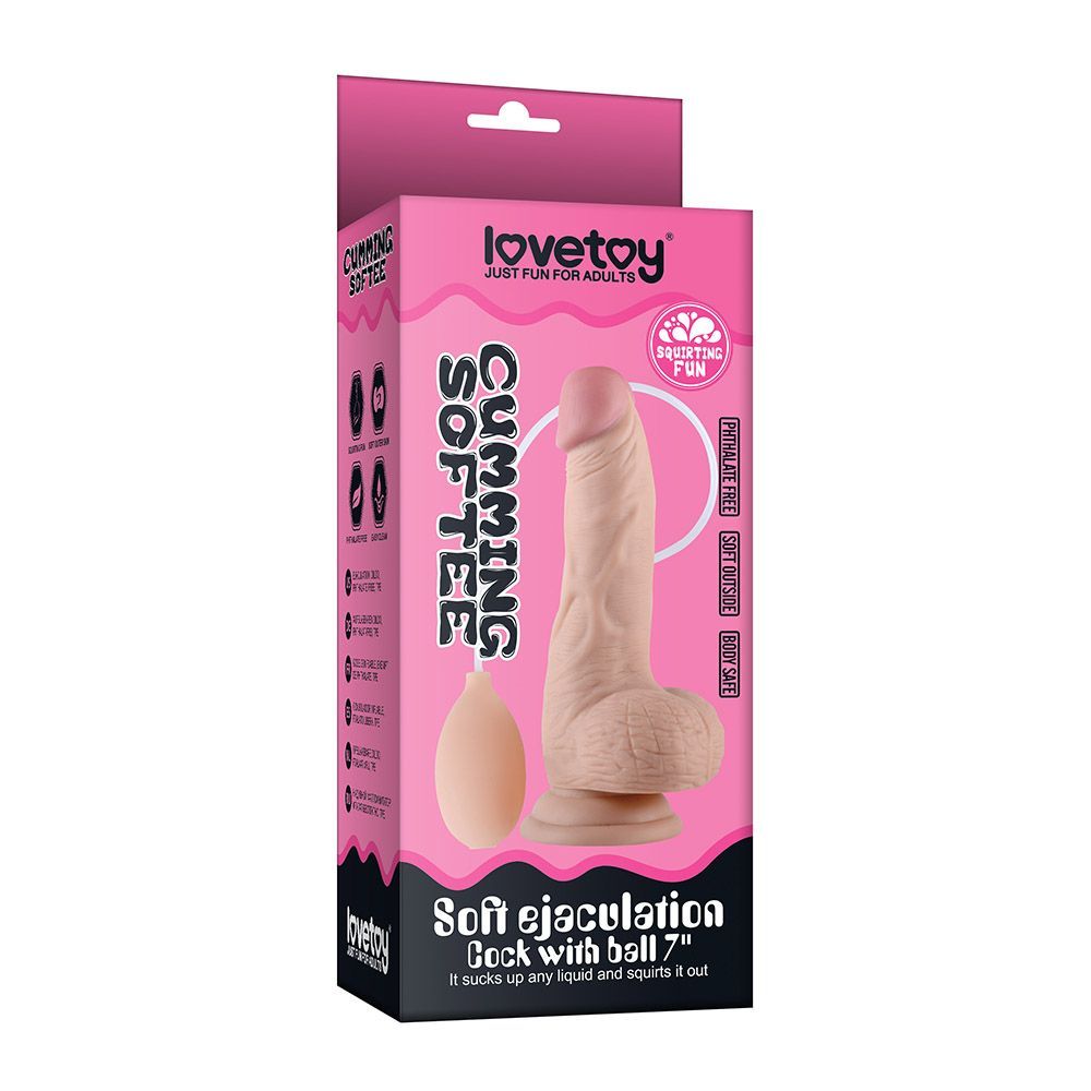 Confezione con dildo. Confezione rosa e nera. Testo: Cumming Soft Tee, Cock with ball 7".
