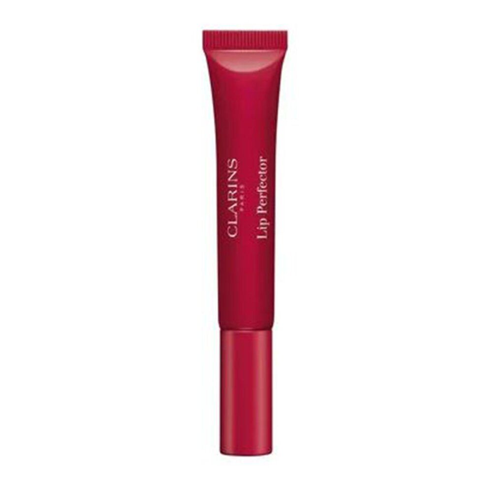 Tubo rosso con scritta CLARINS PARIS Lip Perfector. Prodotto in posizione verticale.