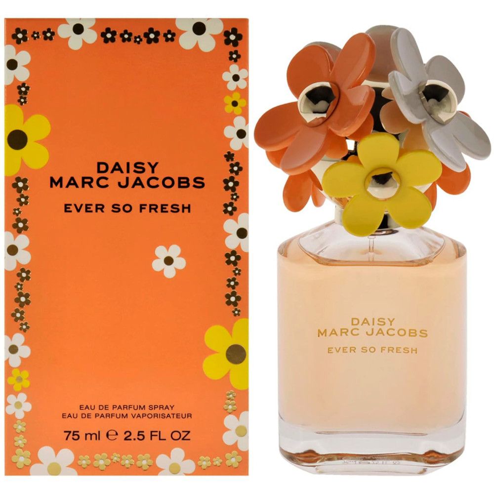 Flacone di profumo con tappo a fiore e confezione arancione. Scritta: Daisy Marc Jacobs Ever So Fresh.