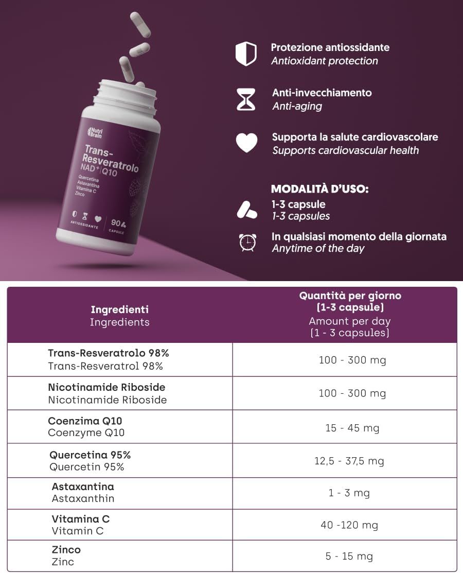 NUTRIBRAIN Trans-Resveratrolo, NAD⁺, Coenzima Q10 Capsula