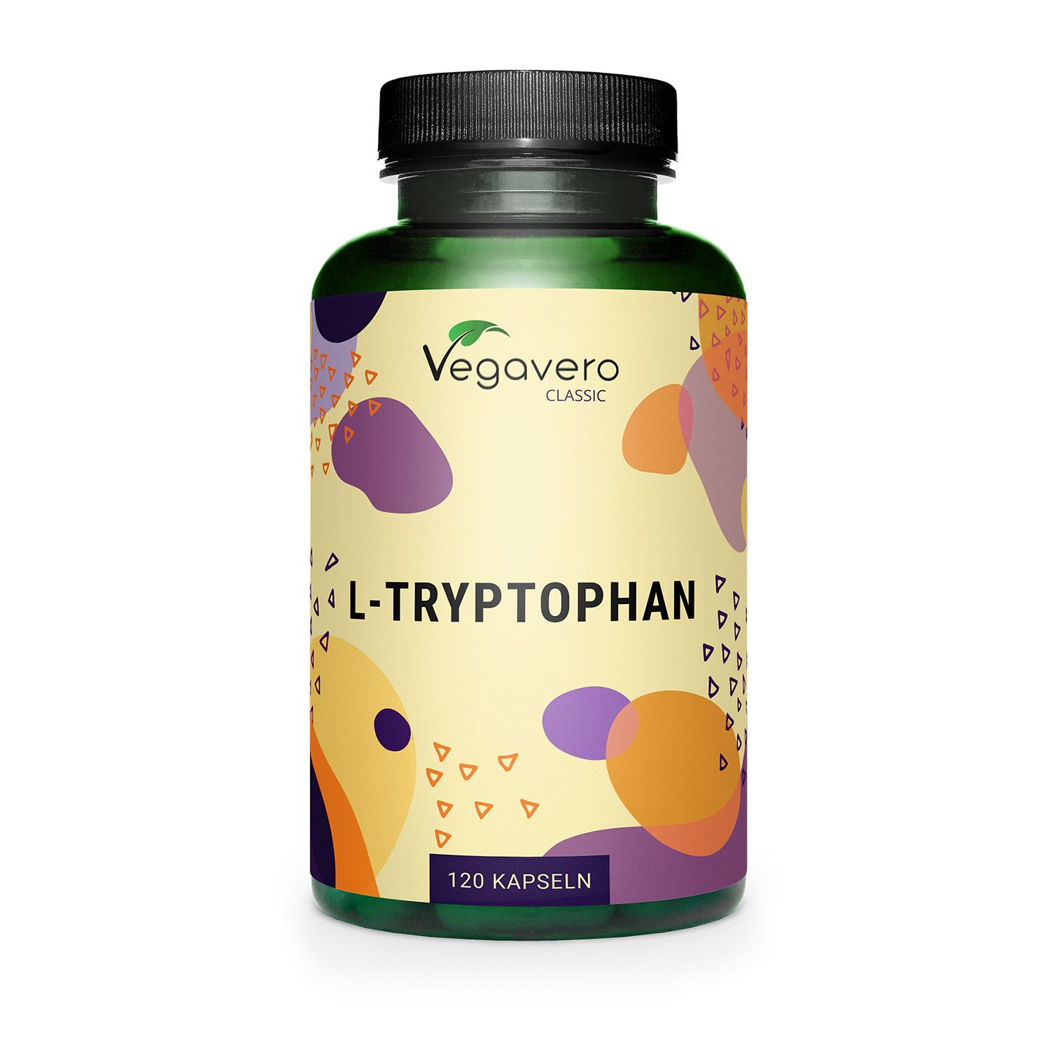 Bottiglia verde con tappo nero. Scritta: L-Tryptophan, 120 capsule. Marchio: Vegavaro Classic. Sfondo giallo con forme colorate.